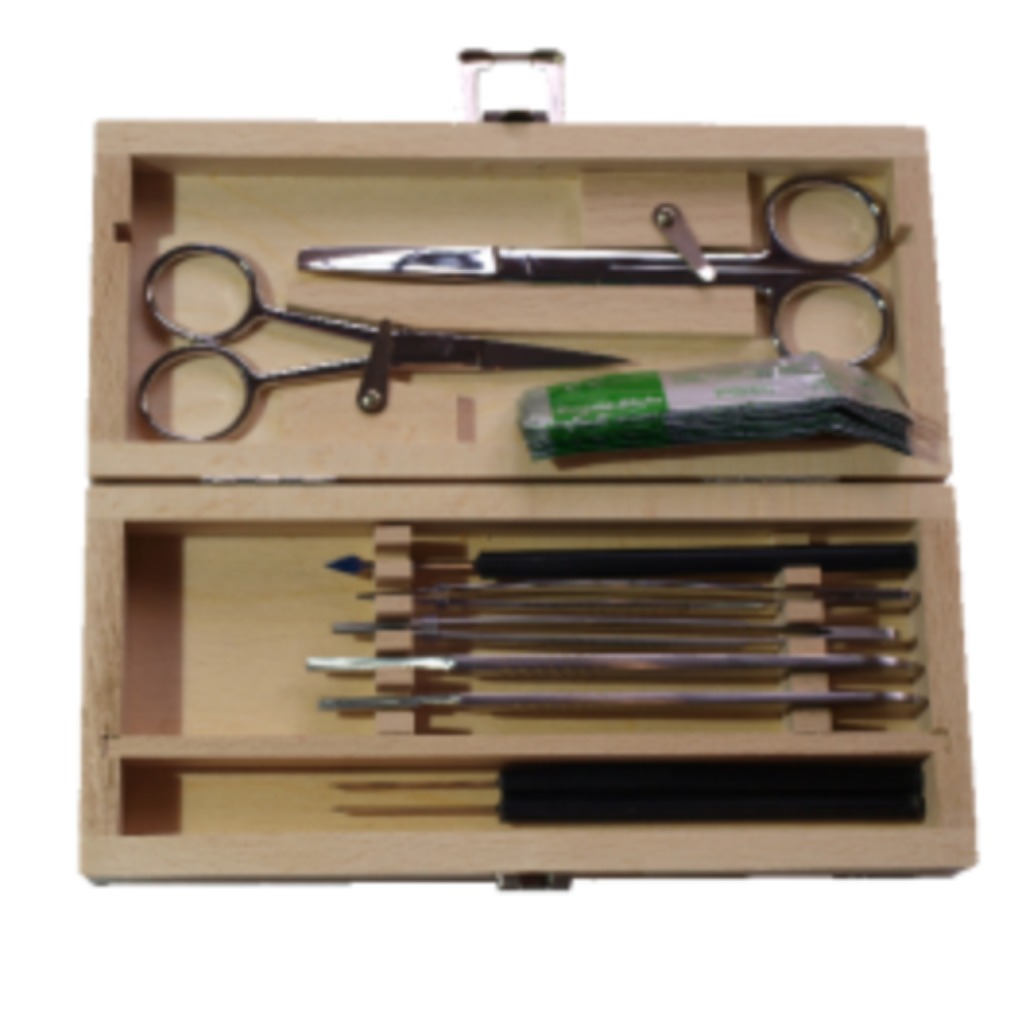 Kit per necroscopia con 10 strumenti. Custodia in legno.
